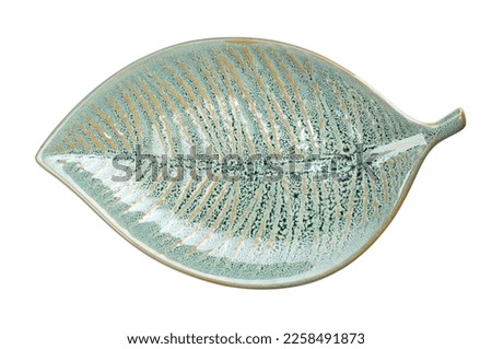 Beautiful green leaf shaped ceramic plate on white background, top view