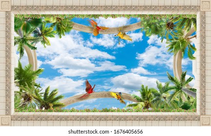 Beautiful green palm trees on a background of summer blue sky. Tropical paradise. Art ceiling. 3D Wallpaper. digital fresco