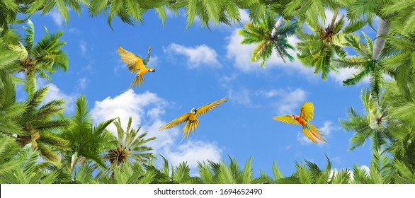 Beautiful green palm trees on a background of summer blue sky. Tropical paradise. Art ceiling. 3D Wallpaper. 