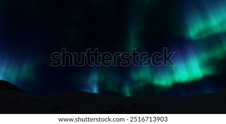 A beautiful green and red aurora dancing over the hills. 3d render