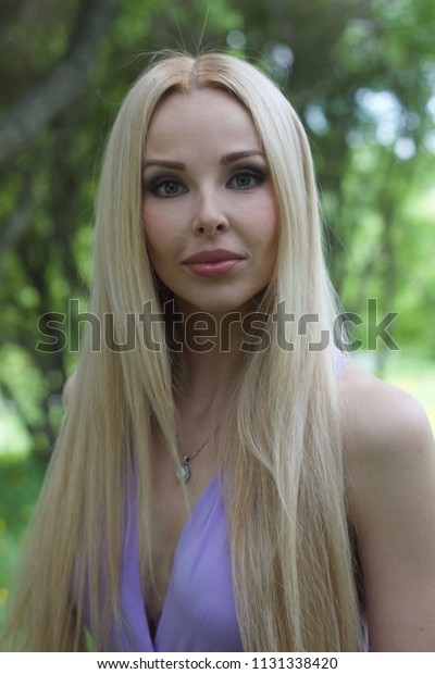 Beautiful Greeneyed Blonde Woman Violet Dress Stock Photo Edit