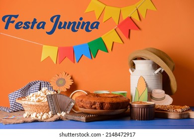 Beautiful greeting card for Festa Junina (June Festival) with traditional food