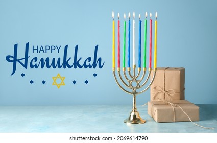 Beautiful Greeting Card For Happy Hanukkah With Menorah And Gifts