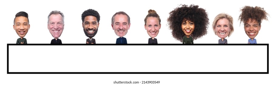 Beautiful Group Of People, Multi Ethnic In Front Of A White Background With A Big Head