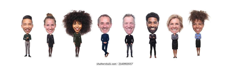 Beautiful Group Of People, Multi Ethnic In Front Of A White Background With A Big Head