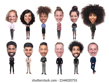 Beautiful Group Of People, Multi Ethnic In Front Of A White Background With A Big Head