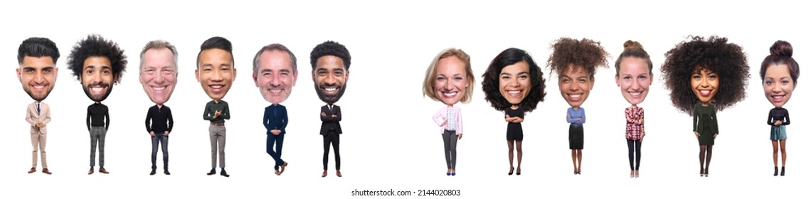 Beautiful Group Of People, Multi Ethnic In Front Of A White Background With A Big Head