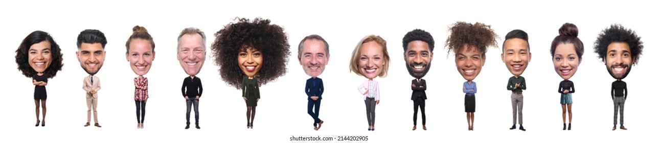 Beautiful Group Of People, Multi Ethnic In Front Of A White Background With A Big Head