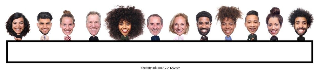 Beautiful Group Of People, Multi Ethnic In Front Of A White Background With A Big Head