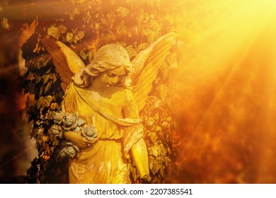 Beautiful guardian angel against blur background Ancient stone statue. Copy space.