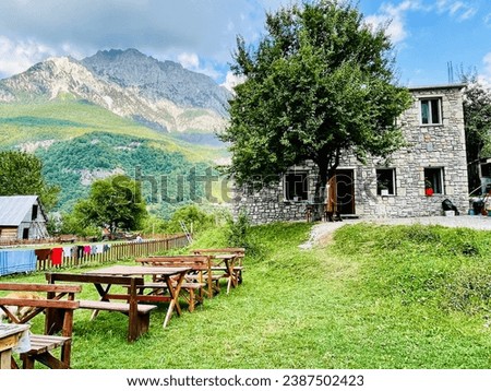 Beautiful guest house in the valley of Theth national park, Albania. Albanian alps. Traditional style of the house in northern Albania and also in Balkan alps, Travel destination , 