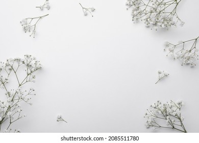 Beautiful gypsophila flowers on white background, flat lay. Space for text - Shutterstock ID 2085511780
