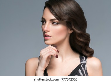 Beautiful hair woman beauty skin portrait with hands. Long beautiful healthy hair model girl stock image. - Shutterstock ID 777842320