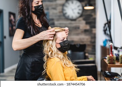 Beautiful Hairstyle Of Middle-aged Woman With Protective Face Mask After Dyeing Hair In Hair Salon.