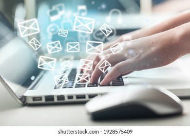 Beautiful Hand Working On A Laptop With Email Icons