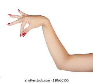 beautiful hand of a young woman with red manicure with fanned fingers as if holding something on white background