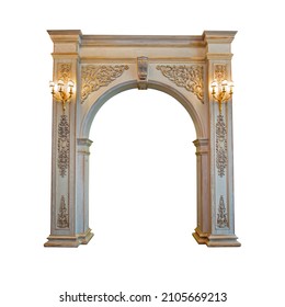 Beautiful  handmade luxury carved wooden arch with gold chandeliers isolated on white background with clipping path