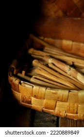 Beautiful Handmade Wooden Splint Basket Wich Is Made By Weaving. Closeup Of Natural Splint Basket That Is Seamless.