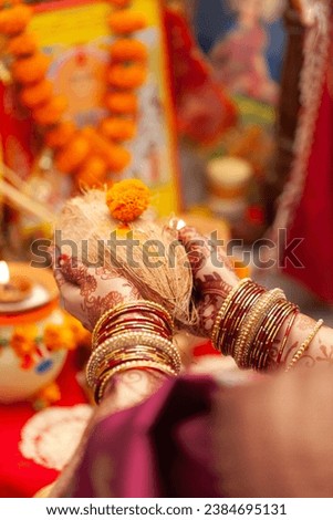 Beautiful hands of an Indian woman performing puja rituals with coconut. Indian Hindu puja background.