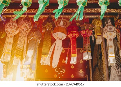 Beautiful Hanging Yipeng Paper Lamp Northern Thai Lanna Traditional Art Style In Temple