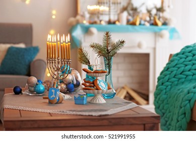 Beautiful Hanukkah Decor On Table In Living Room, Closeup