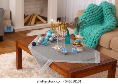 Beautiful Hanukkah Decor On Table In Living Room