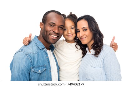 Beautiful Happy African American Family With One Child Showing Thumbs Up Isolated On White