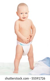 Beautiful Happy Baby Boy In Nappy On White Background