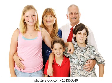 Beautiful happy blended family - father, mother, two boys, and a girl.  Boys belong to the dad, girl to the mom.   Full body isolated against a white background.