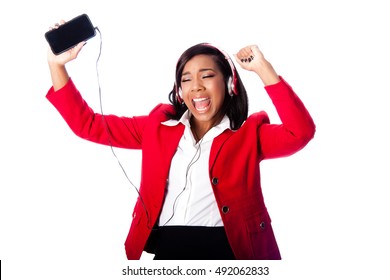 Beautiful Happy Business Woman Jamming Singing Listening To Music On Wireless Mobile Phone, On White.