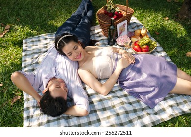 Beautiful Happy Couple On Romantic Picnic