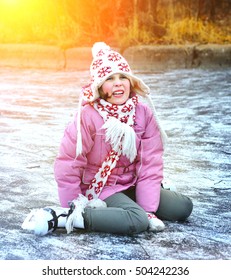 Beautiful Happy Preteen Girl Figure Skating Fall Down Feel Pain In Her Leg