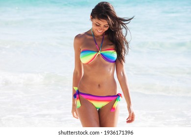 Beautiful Happy Woman In Bikni On Tropical Beach