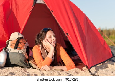 Beautiful Happy Woman Camping Lying And Relaxing In Tent