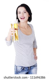 Beautiful Happy Woman With Glass Of Beer, Isolated On White