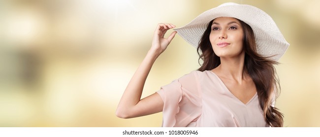 Beautiful happy woman in hat - Shutterstock ID 1018005946