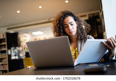 Beautiful Happy Woman Using Notebook. Study, Learning, University Concept