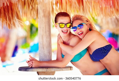 Beautiful Happy Women, Friends Enjoy Summer Vacation On Tropical Beach