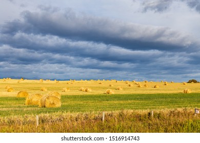 Beautiful Hay Bales In The Fall With Amazing Gravity Wave Clouds As A Skycape. 