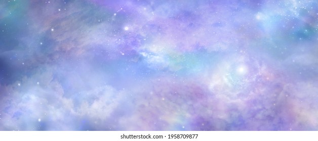 Beautiful heavens above celestial concept background banner - beautiful blue pink purple green lilac light filled heavenly ethereal cloud scape depicting the heavens above 
					