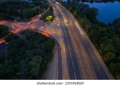 Beautiful High Angle View Of British Highways And Roads With Traffic At Night