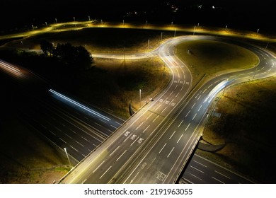 Beautiful High Angle View Of British Highways And Roads With Traffic At Night