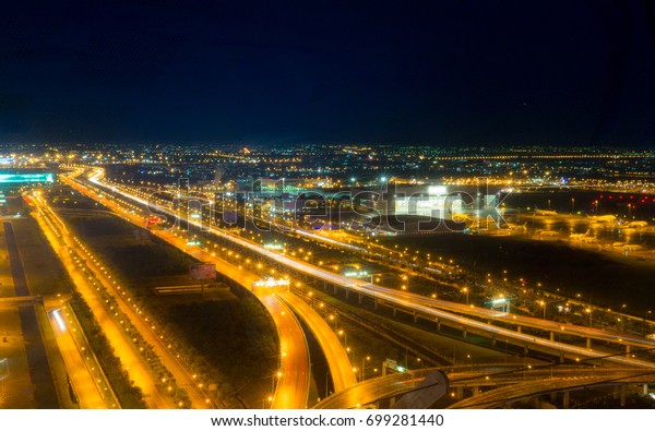 beautiful highway with the traffic\
light from the bird\'s eye\
view,Bangkok,Thailand