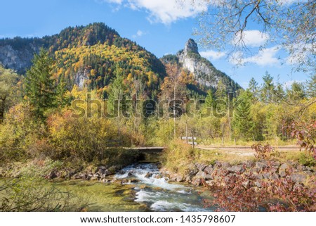 beautiful hiking area and pictorial landscape near oberammergau, view to ammer river and kofel mountain peak, upper bavaria