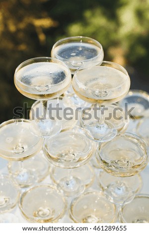 Beautiful hill with champagne at the Banquet for the newlyweds.
