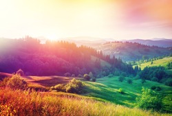 Beautiful Hills Glowing By Sunlight At Twilight. Dramatic Scene. Colorful Sky. Carpathian, Ukraine, Europe. Beauty World. Cross Processed Retro And Vintage Style. Instagram Toning Effect. Soft Filter.