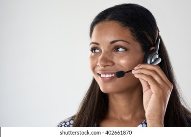 Beautiful Hispanic Latino Indian Woman With Headset, Support Call Centre Staff For Assistance