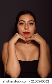 Beautiful Hispanic Woman, Closeup Hands On Her Natural Face. Bla