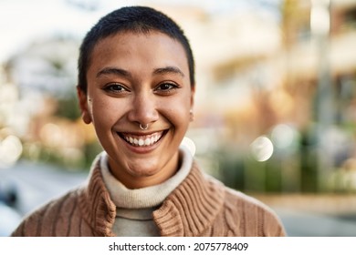 Beautiful Hispanic Woman With Short Hair Smiling Happy Outdoors