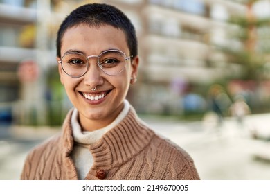 Beautiful Hispanic Woman With Short Hair Smiling Happy Outdoors